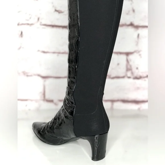 STUART WEITZMAN Croc Embossed 50/50 Ltd Edition Black Patent Leather Heel Boot 4 - Picture 12 of 16